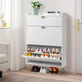 HAOYYE White Shoe Cabinet with V Shaped Carved Door Panel 2 Drawers and Top Flip Drawer Modern Particle Board Storage Organizer with Gold Accessories for Entryway Hallway or Living Room